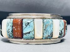 OPULENT VINTAGE NAVAJO TURQUOISE INLAY STERLING SILVER BRACELET OLD picture