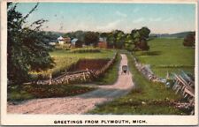 PLYMOUTH, Michigan Greetings Postcard Dirt Road / Horse Cart Scene - 1917 Cancel picture