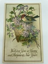 Winsch New Year Song Birds on Branches c1909 Vintage Postcard Floral picture