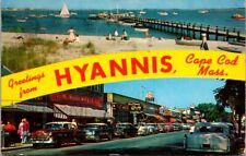 Greetings Hyannis Cape Cod Mass Town View Cars Signs Beach Pier Boats Postcard  picture