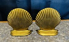 Vintage Brass Seashell Bookends Metal MCM Clam Shell Scallops Set Pair Nautical  picture