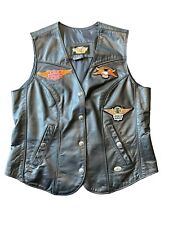 Harley Davidson Women’s Large Leather Motorcycle Vest Solid Black w/ Patches picture
