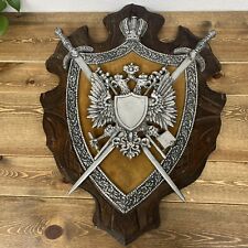 Vintage Gothic Medieval Cast Metal Double Eagle Crest Coat of Arms Shield Swords picture