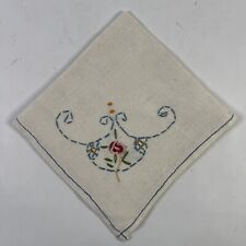 Vintage Embroidered Tea Towel with Flower  & Blue Line Trim Linen picture