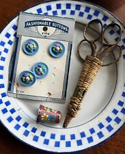 Lot Of Antique Scissors In Woven Basket And Vintage Buttons & Cloisonné Thimble picture