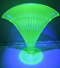 Vintage Uranium Glass Ribbed Fan Vase With Round Base 6 3/8