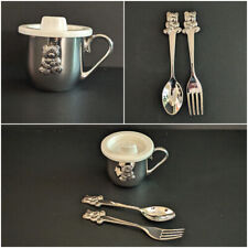Vintage Silver Plate Baby Dinner Set: Teddy Bear Cup Fork Spoon, Baby Gift picture