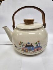 Vintage Enamel Metal Teapot With Wooden Knob & Handle picture