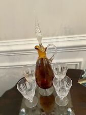 EMPOLI VENETIAN AMBER GLASS DECANTER Twisted Handle, Stopper & 4 Crystal Glasses picture