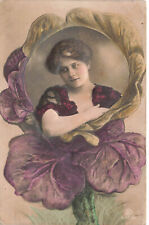 VINTAGE PRETTY WOMAN IN FLOWER EMBOSSED FANTASY POSTCARD c1910 052523 S picture
