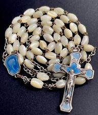 Vintage Genuine Mother Pearl MOP Rosary, Blue Enamel Center, Crucifix, France picture
