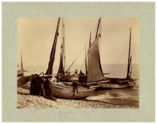 England, Brighton, Luggers on the Beach Vintage Print, Albumin Print 21x picture