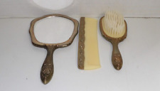 Vanity Set Brush, Mirror & Comb Vintage Gold Toned Heavy 3 Piece Set  picture