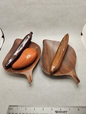 Vintage Wooden Leaf Serving Bowls With Wooden Fruit. picture