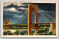 New York City~George Washington Bridge By Moonlight @ Night~Vtg Linen Postcard picture