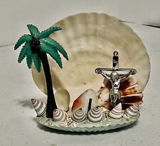 Vintage Sea Scallop Shell Jesus Crucifix Grotto & Palm Tree 6''Long, 6'.5'' Tall picture