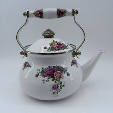 Vintage Old Country Roses Enameled Metal Tea Kettle Teapot Royal Albert 2qt -HTF picture