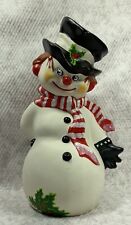 Ceramic Christmas Snowman 11” Top Hat Scarf & Candy cane Sighed on Bottom picture
