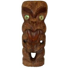 Vintage Maori Rotorua New Zealand Moana Wood Carving Polynesian Shell Tiki 18