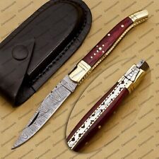 Amazing Damascus Bladed Laminate Handled Pen/Pocket Knife With Leather Sheath picture