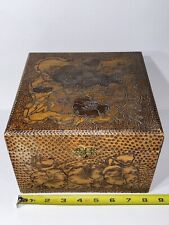 Antique Flemish Art Pyrography Hinged Dresser Wooden Box Trinket Box 8”x 8”x5.5” picture