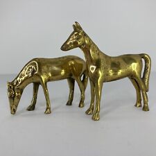 Small Vintage Antique Brass Horses Figurine Set Of 2 Standing And Grazing picture