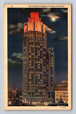 Chicago IL-Illinois, Tribune Tower by Night, Antique Vintage Souvenir Postcard picture