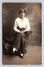 1917 RPPC Portrait of Woman Wicker Lounge Chair Williamson Real Photo Postcard picture