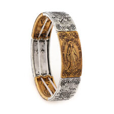 Gold and Silver Alloy Square Miraculous Medal Bracelet Elastic Stretch Bangle picture