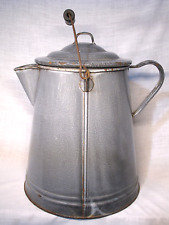 Antique Gray Graniteware Enamel Chuckwagon Cowboy Coffee Pot Wood Handle 13