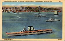 CA SF Oakland Bridge Battleships Aircraft Carrier Ferries City Pier Postcard '36 picture