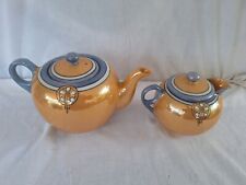 Pair Of Vintage Japan Blue & Orange Lusterware Teapot Set Creamer Mid Century  picture