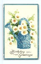 Birthday Greetings White Flowers Watering Can Gardening Floral Vintage Postcard picture