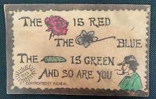 Pre-1907 LEATHER POSTCARD W S HEAL POEM GREEN PICKLE ROSES RED VIOLETS BLUE picture