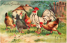 Postcard Easter Greetings Chickens Farm Embossed Glitter Embellish Vintage c1908 picture