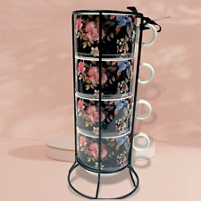 Grace Teaware Stack Coffee Mug Cup 10oz set 4 w metal stand gift Black pink rose picture