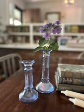 Vintage Blue Glass Candlestick Candle Holders or Vase  Pair, 5.5