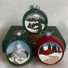 3 Vtg 1975 Duncan Ceramic Product Hand Painted Ornaments Church Mountain Cabin picture