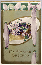 My Easter Greetings Purple Flowers Bow Ribbon Gold Vintage Embossed Postcard picture