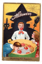 ANTIQUE Halloween Postcard Apple Bobbing, Witch, Black Cat, Spider Web, Embossed picture