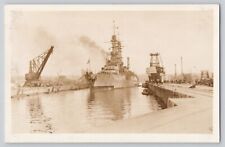 RPPC WWI Era US Battleship Entering Dry Dock Canal Postcard picture