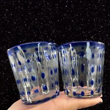 Hand Blown Glass Tumbler Drinking Glasses Hand Made Drink Ware Blue Dots Set 2 picture