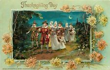 Tuck Thanksgiving Day Postcard 175. Pilgrims Walk Home at Night, Flower Vignette picture
