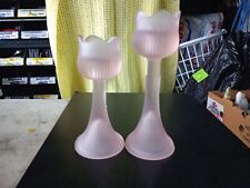 Vintage  Pink Tulip Frosted Satin Glass Set of 2 Candleholders picture