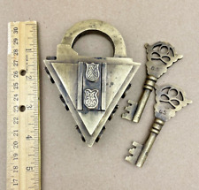 Triangle Medieval Dungeon Style Padlock Brass Antique Finish 2 Keys Really Works picture