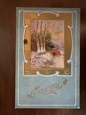 Vintage Holiday Greetings Postcard Embossed Wood Scene Gold Tree H119 picture