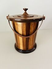 Mid Century Modern Vintage Wooden Ice Bucket with Tooled Leather Handle picture