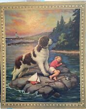 Antique Calendar Sample Print,Dog,Child,Sailboat, Lighthouse, Fishing Rod,water picture