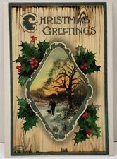 Christmas Greetings Holly Berry Country Scene Repro of 1874-1895 Postcard E10 picture
