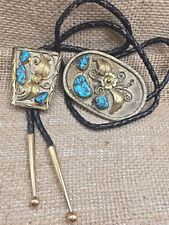 E King Navajo Sterling Silver & Morenci Turquoise Belt Buckle & Bolo Tie Set VTG picture